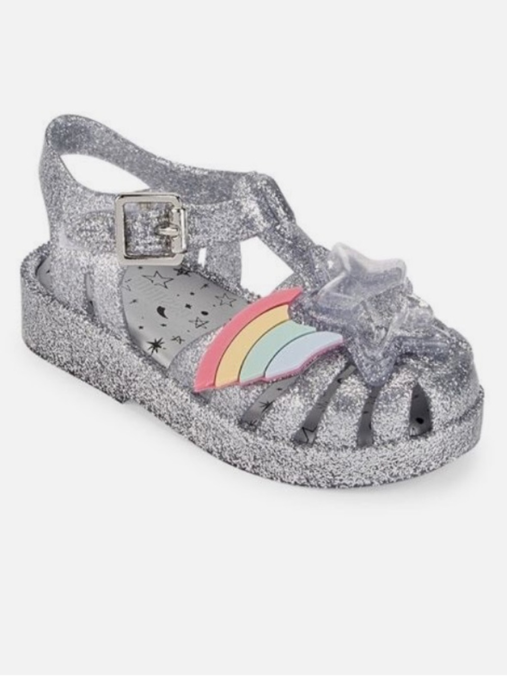 Mini Melissa Silver Glitter Jelly Sandals with Rainbow Accent Size 9